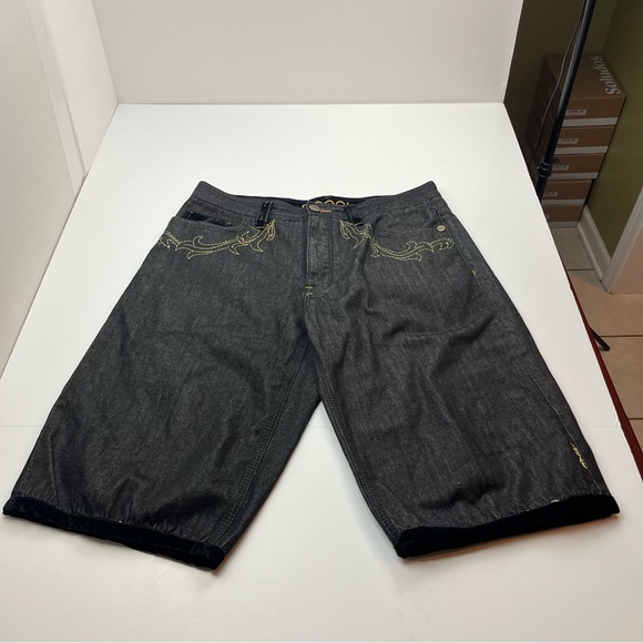 Coogi Baggy Denim‎ Short Black Hip Hop Y2K Mens Size 38 x 17 Embroidered Velvet - Picture 2 of 15